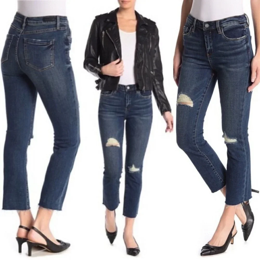BlankNYC Dark Wash Distressed Raw Hem Bowery Cropped Boot Cut Jeans